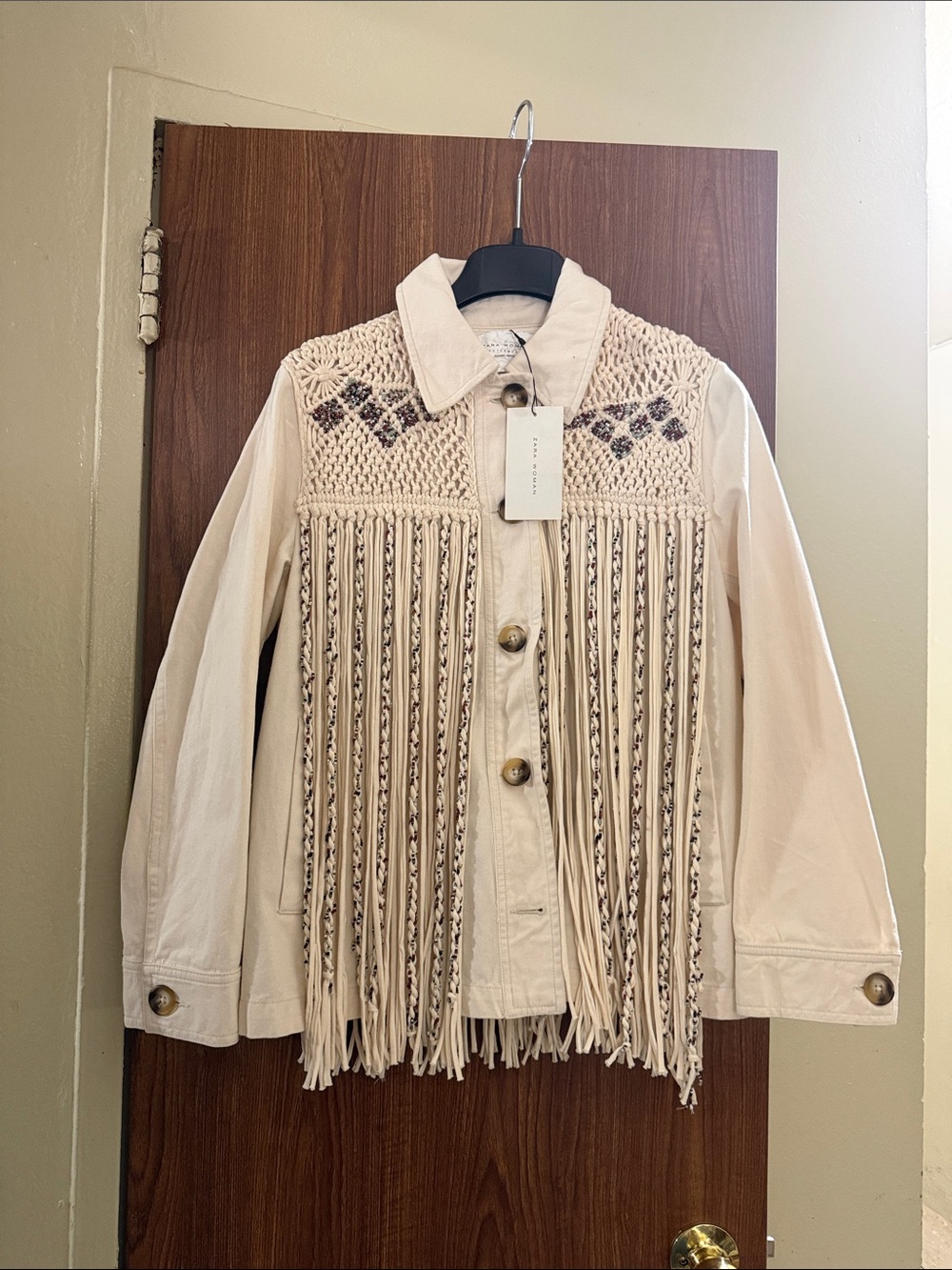 Zara Cream Crochet Yoke Fringe Utility Jacket